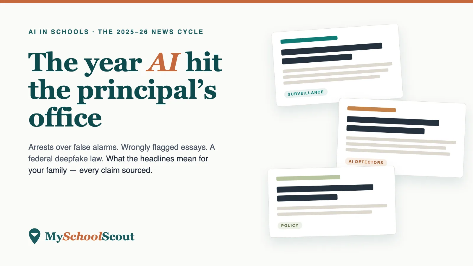 Illustration of a school building surrounded by news headlines about artificial intelligence