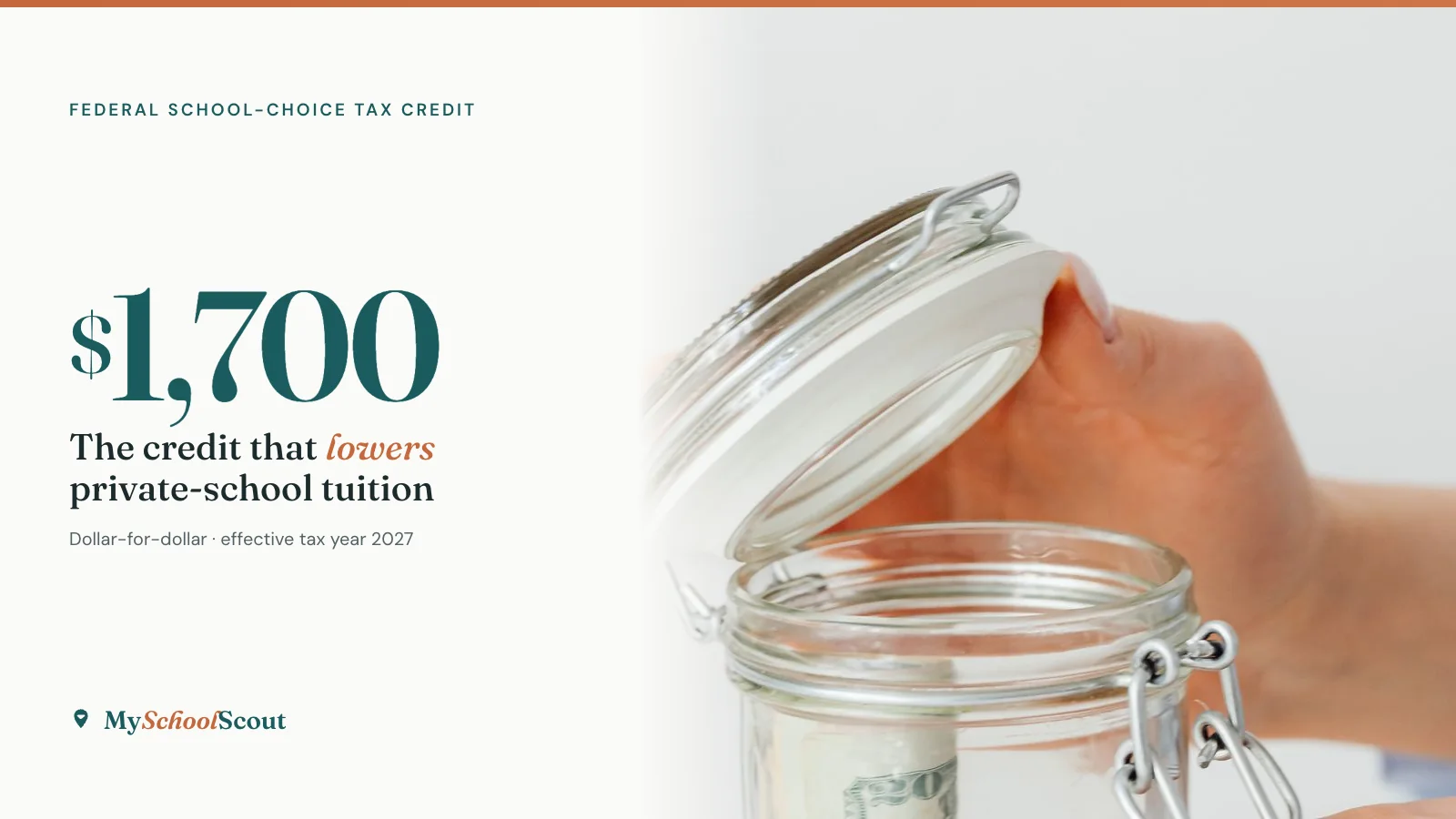 Hero card reading $1,700 — the maximum federal school-choice tax credit a taxpayer can redirect to private-school scholarships — beside a photo of a hand opening a glass savings jar.